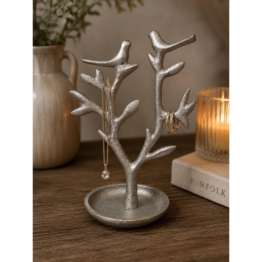 Silver Metal Jewelry Tree Ring Holder | Modern Organic Decor